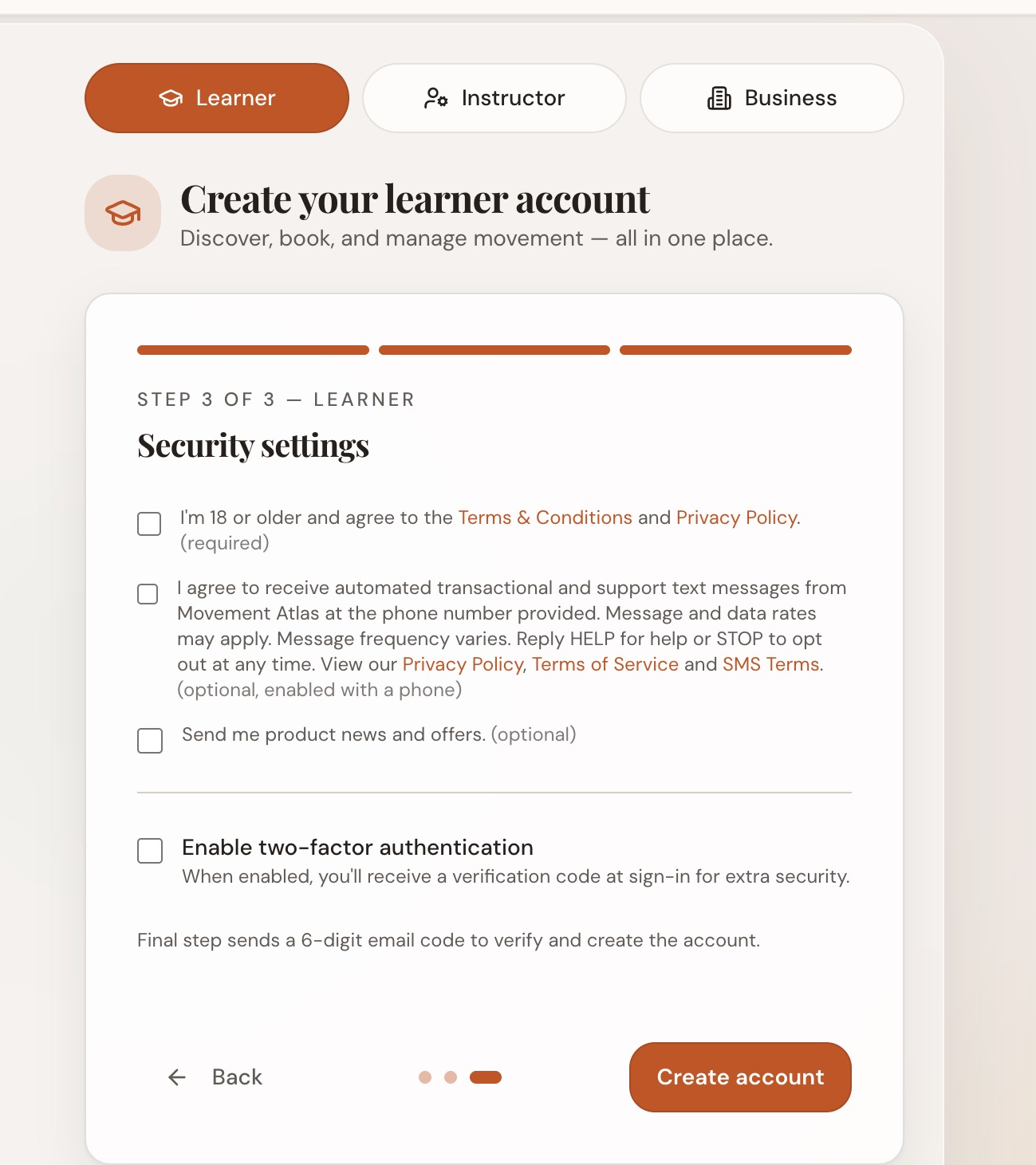 MovementAtlas public sign-up showing the unchecked SMS consent checkbox with the full opt-in language on the Security settings step.